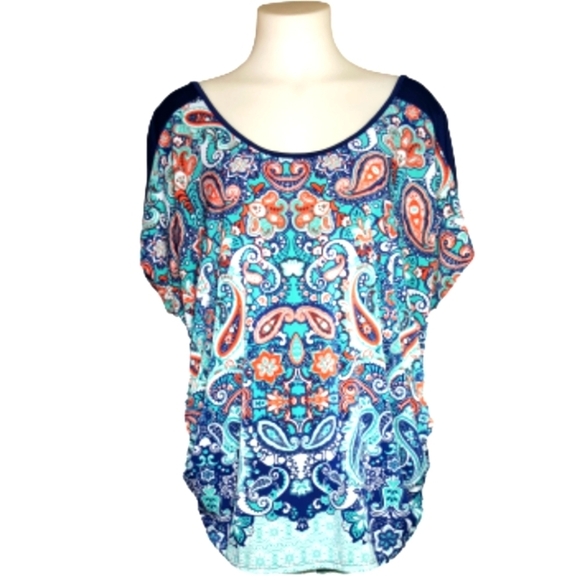 Lanish Tops - Orange and Blue Relaxed Dolman Sleeve Blouse